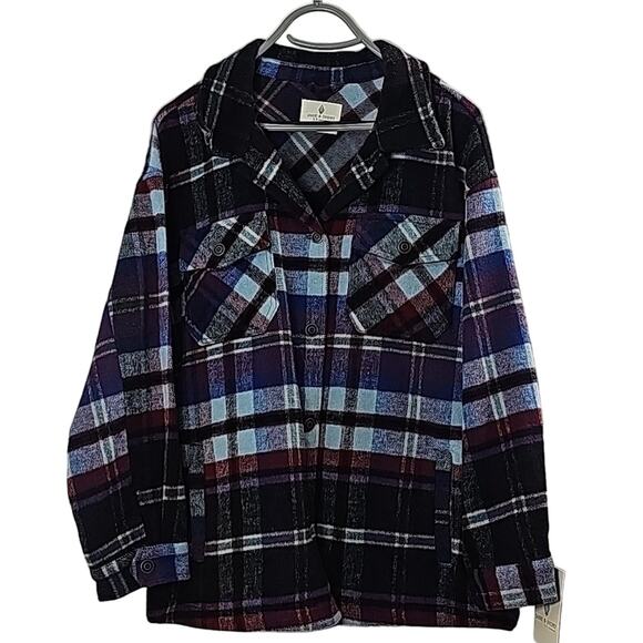 NWT Womens Sz M Shacket Blue and Red Plaid Pockets Wool Blend Jade and Ivory - Picture 1 of 13
